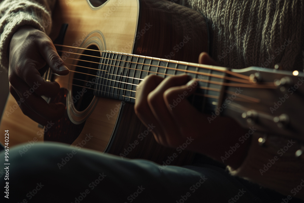 Selective focus guitarist hand with chord grip on acoustic guitar, Close up shot musician with string instrument. Selective focus guitarist hand with chord grip on acoustic guitar, Close up shot musician with string instrument.