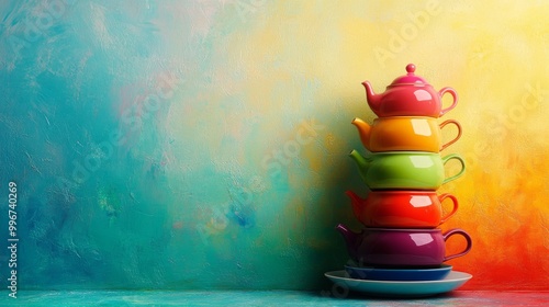 Rainbow-Colored Teapot Tower Banner background of Mad Hatter Day theme banner design for microstock, no text, and wide copy space, Rainbow-Colored Teapot Tower photo