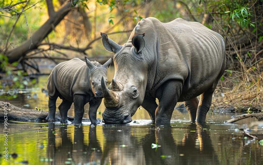 Two rhinos are drinking from a pond with their mother Two rhinos are drinking from a pond with their mother