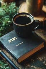 Aromatic coffee brewing near a 2025 new year diary and evergreen branches