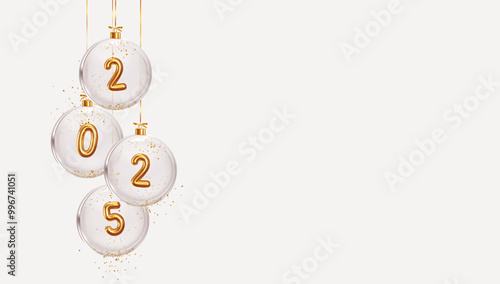 2025 Happy New Year. Golden metal number in glass Christmas balls hang on ribbon. Realistic 3d render metallic sign. Celebrate party 2025. Xmas Poster, web banner, header website. vector illustration