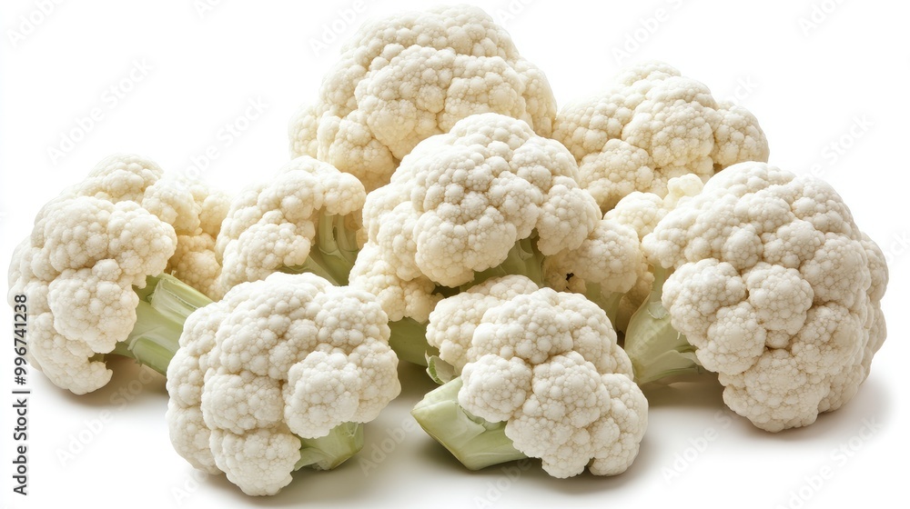 Fresh cauliflowers with green leaves are neatly clustered, highlighting their natural texture on a crisp white background