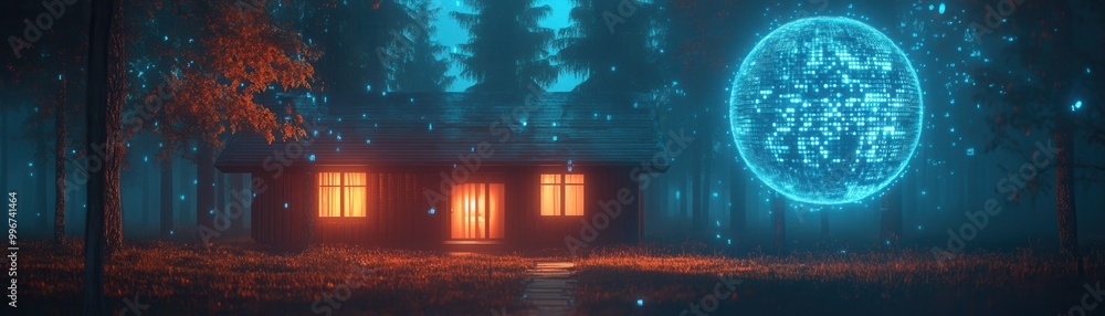 Obraz premium A tranquil forest scene featuring a glowing cabin surrounded by mist and a mysterious blue sphere, evoking a sense of wonder.