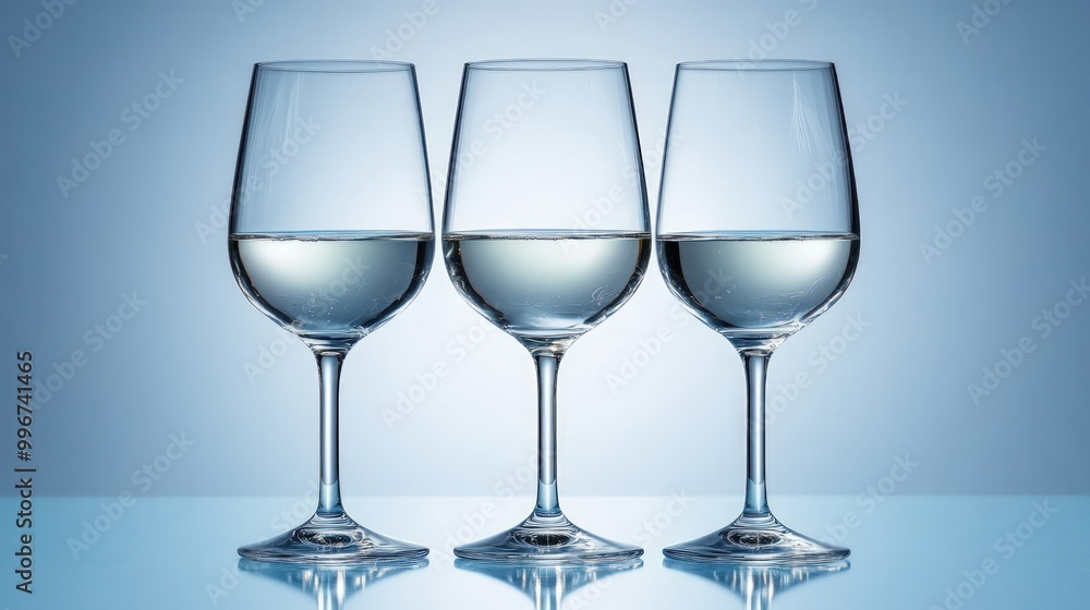 Three wine glasses filled with water, arranged in a row on a blue background, reflecting light. Three wine glasses filled with water, arranged in a row on a blue background, reflecting light.