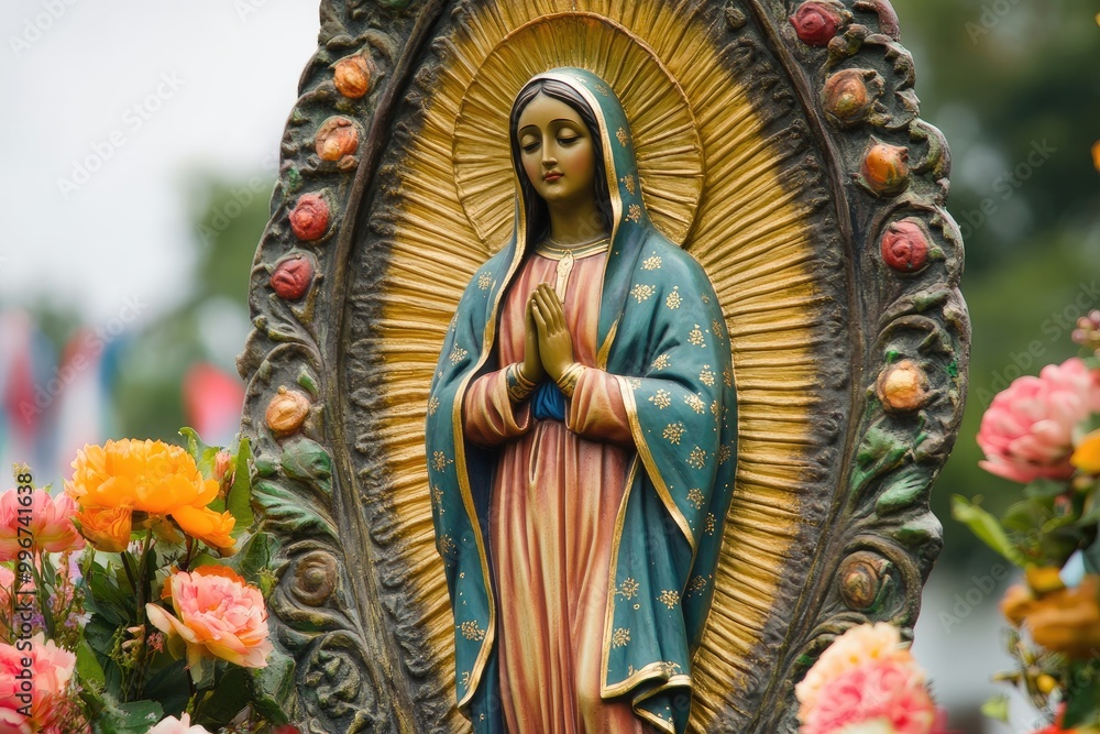 Obraz premium Virgin mary statue standing with hands together in prayer outdoors surrounded by flowers