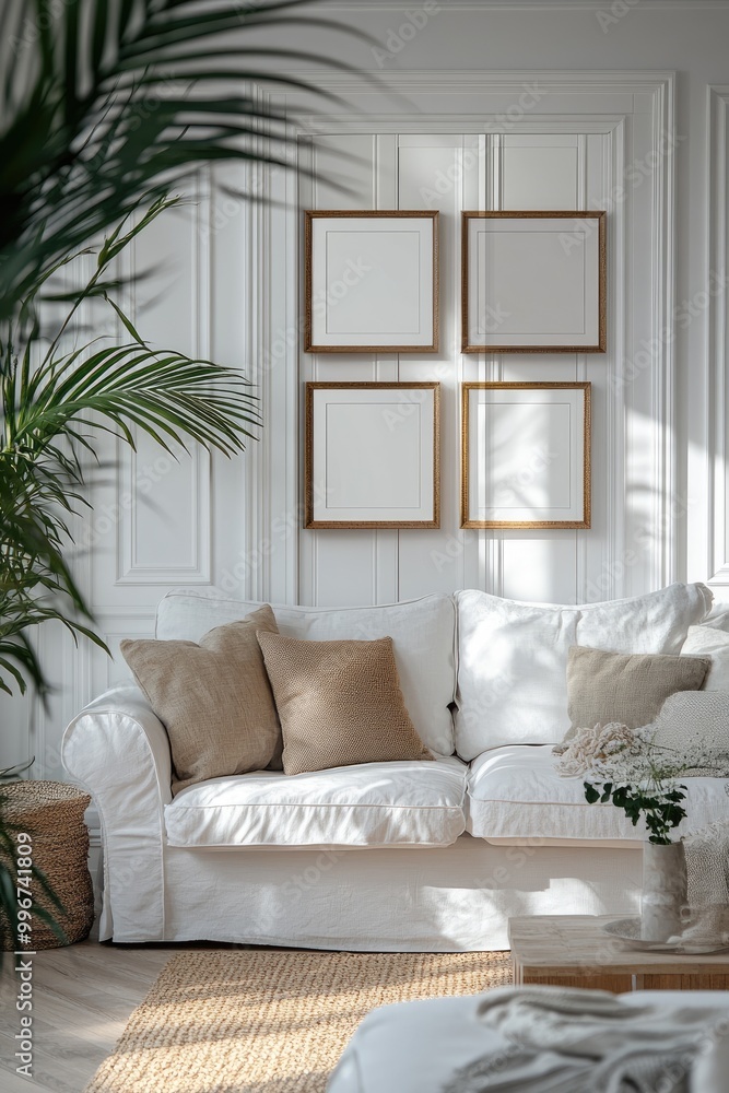 Stylish living room interior with empty frames hanging on white wall above sofa Stylish living room interior with empty frames hanging on white wall above sofa