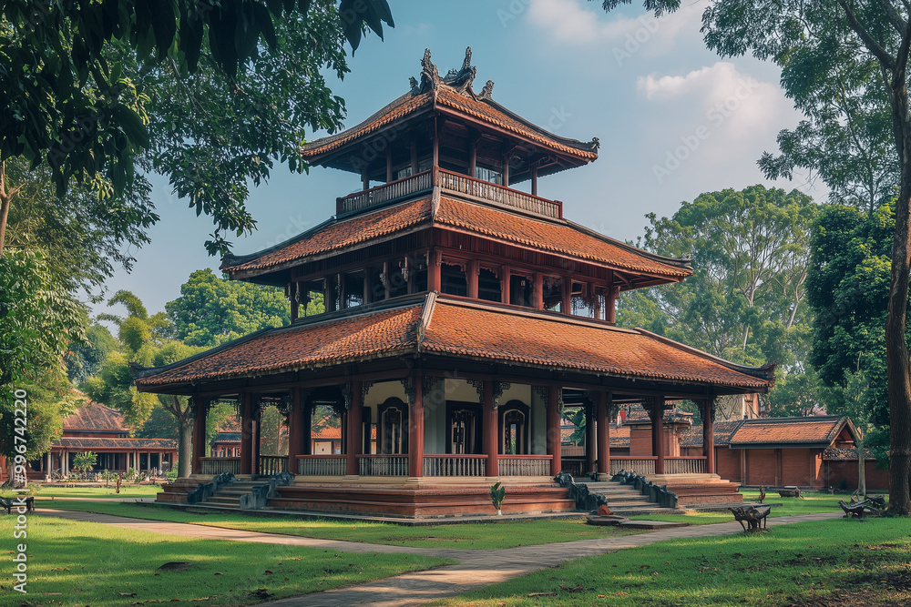 Selective focus asia temple among the forest, Pavilion building with three layer roof. Selective focus asia temple among the forest, Pavilion building with three layer roof.