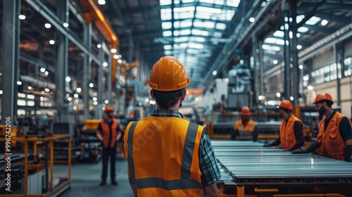 A wide shot of a group of workers collaborating on a large-scale project in a factory, highlighting the teamwork and coordination needed to achieve production goals