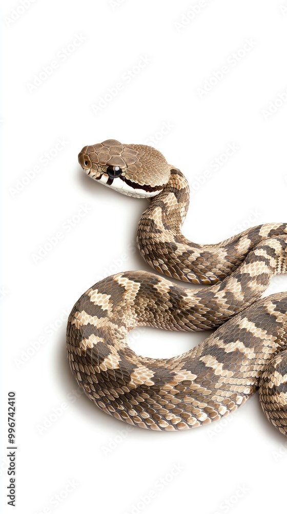 Fototapeta premium A coiled rattlesnake rests on sandy terrain, exhibiting its readiness to strike. The snake's intricate patterns are visible, capturing attention against the stark background
