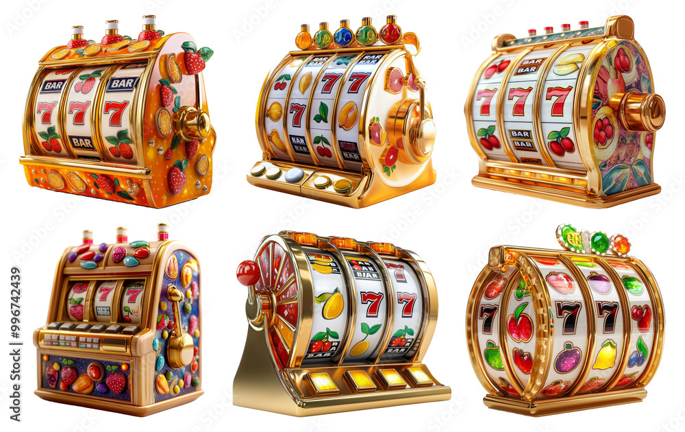 Gold slot machine models with fruit symbols and jackpot displays isolated on transparent background Gold slot machine models with fruit symbols and jackpot displays isolated on transparent background