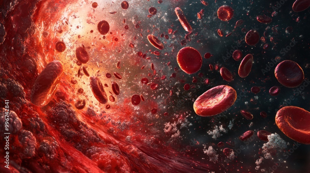 A vibrant depiction of blood cells in a dynamic, cosmic-like environment. A vibrant depiction of blood cells in a dynamic, cosmic-like environment.