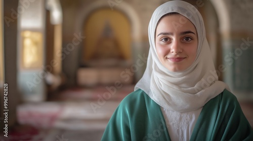 Young Female Bektashi Cleric in Modest Religious Attire, Portrait Inside a Serene Mosque, Cultural and Spiritual Representation photo