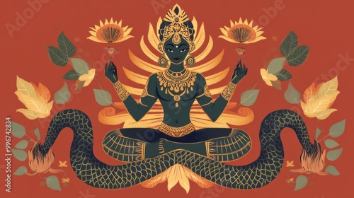 Illustration of a Hindu deity with a snake body, adorned in traditional attire, holding flowers, set against a red background with leaves. photo