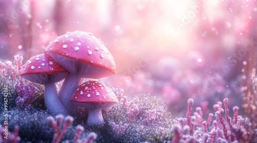 Silly Rabbits and Wonderland Mushrooms Banner background of Mad Hatter Day theme banner design for microstock, no text, and wide copy space, Silly Rabbits and Wonderland Mushrooms photo