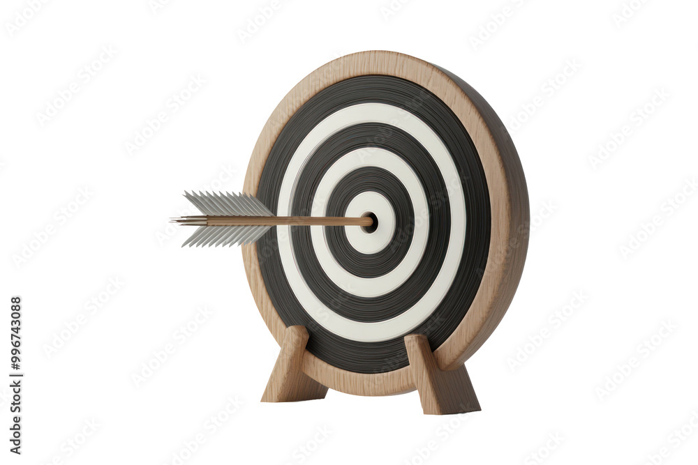A 3D rendering of a wooden dartboard with an arrow in the center bullseye, against a black background. A 3D rendering of a wooden dartboard with an arrow in the center bullseye, against a black background.