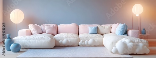 Cozy and inviting modern living room with a large comfortable sectional sofa and minimalist stylish decor playful and whimsical pastel tones cloud like upholstery quirky ceramic accents photo