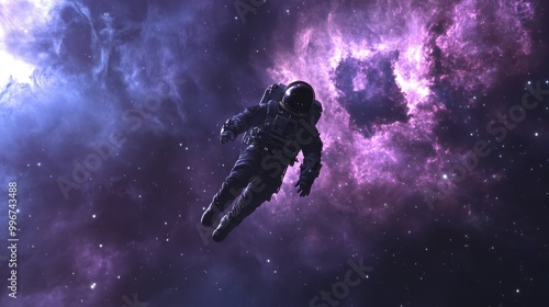 Astronaut floating through space near a distant galaxy cluster photo