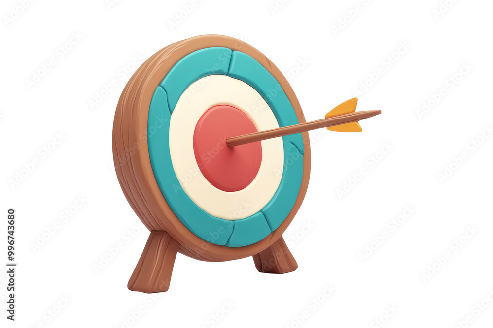 A cartoon-style 3D rendering of an arrow that has struck a target. A cartoon-style 3D rendering of an arrow that has struck a target.