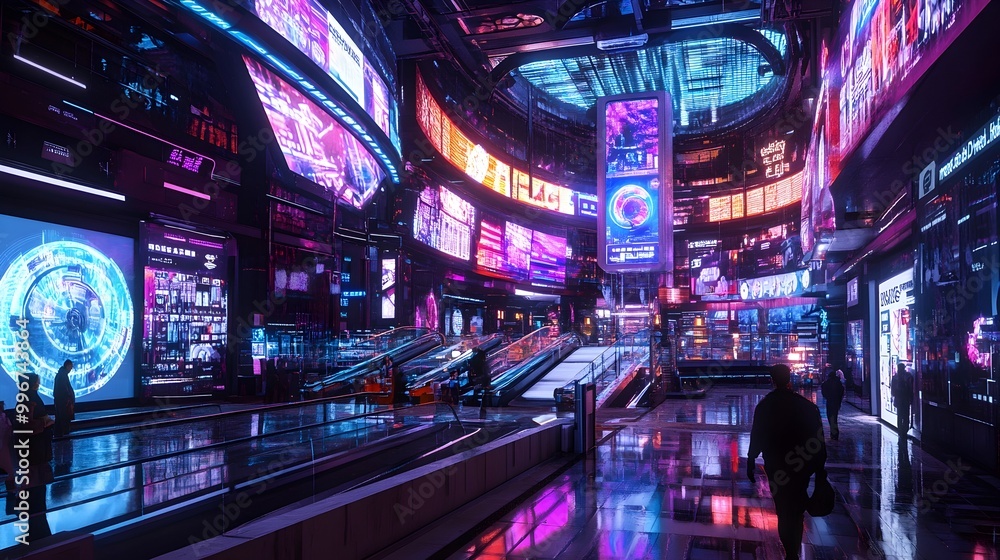 Cyber Monday an advanced digital retail paradise with autonomous checkout stations captivating product demos and efficient logistics hubs set against a cityscape Cyber Monday an advanced digital retail paradise with autonomous checkout stations captivating product demos and efficient logistics hubs set against a cityscape