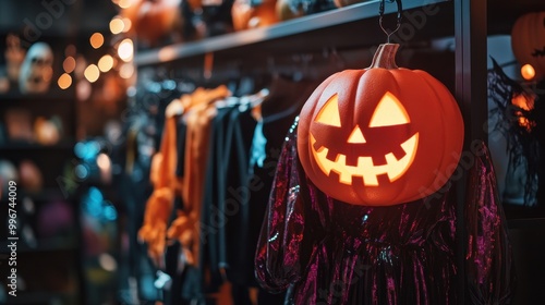Halloween Costumes Displayed on Rack with Pumpkin Decoration