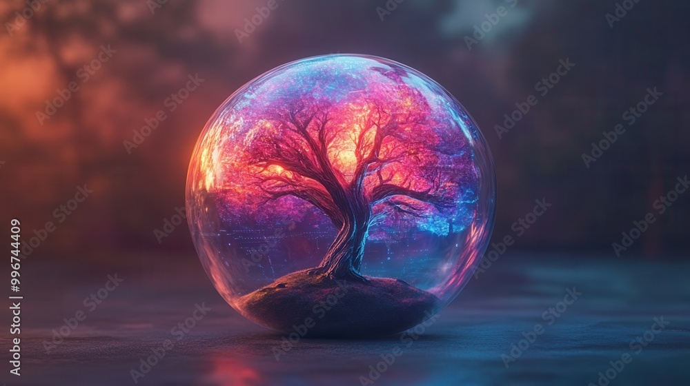 A vibrant tree encapsulated in a glass sphere, reflecting colorful lights in a serene background, symbolizing nature and tranquility. A vibrant tree encapsulated in a glass sphere, reflecting colorful lights in a serene background, symbolizing nature and tranquility.