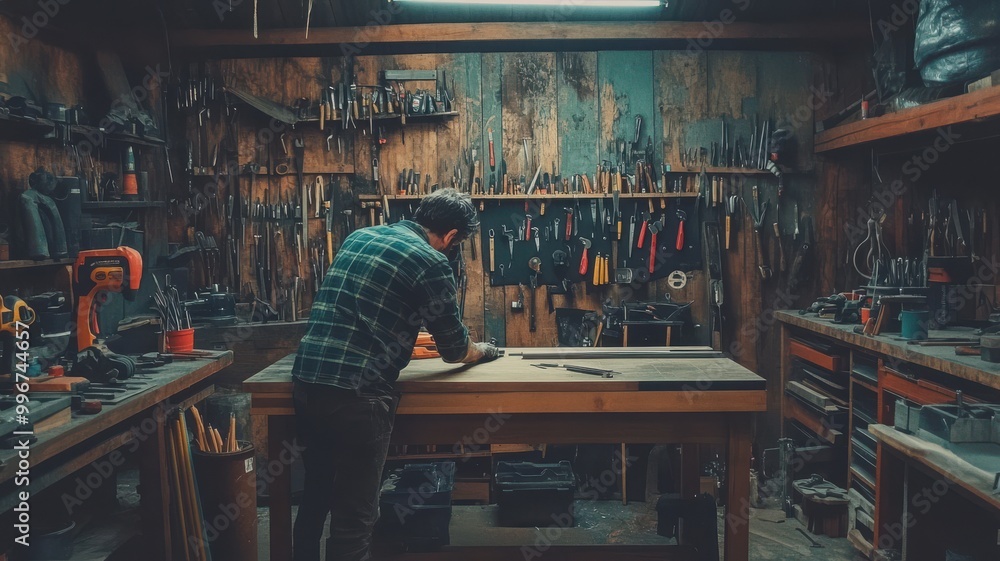 Person working in a woodshop, surrounded by tools and equipment in a rustic setting. Person working in a woodshop, surrounded by tools and equipment in a rustic setting.