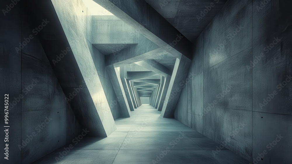 Fototapeta premium A modern concrete corridor with geometric patterns and dramatic lighting, creating an atmospheric and intriguing perspective.