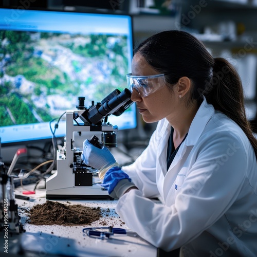 a woman in a lab coat looking at a computer screen