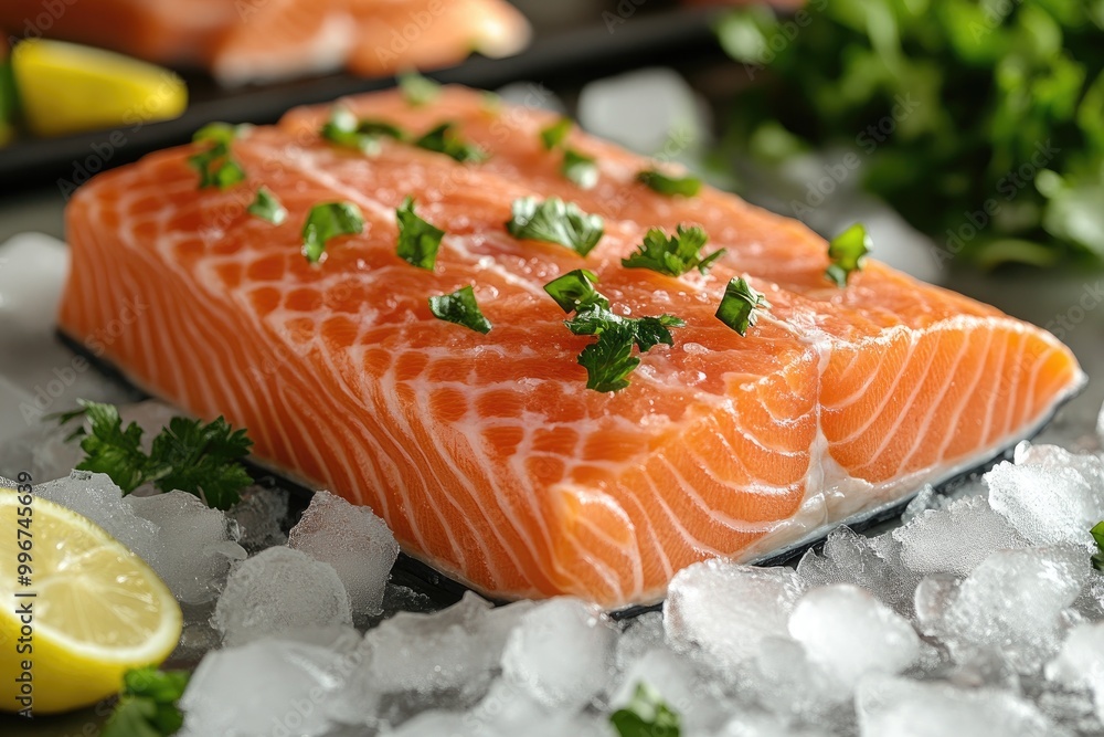 Fresh salmon fillet resting on ice with parsley and lemon Fresh salmon fillet resting on ice with parsley and lemon
