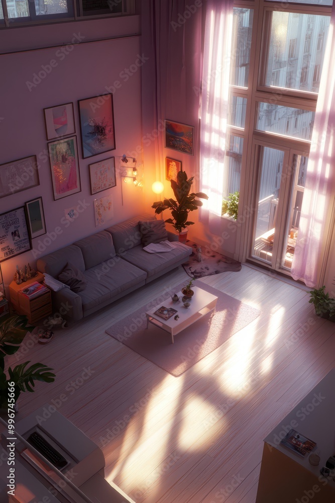 Fototapeta premium a living room with a couch, a table and a window