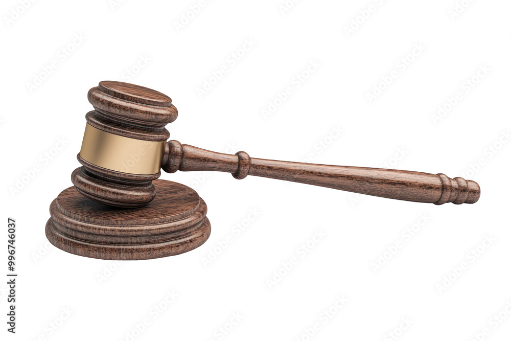 A wooden gavel with a gold band, resting on a base. A wooden gavel with a gold band, resting on a base.