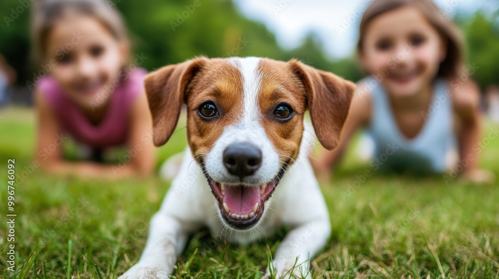 Playful dog with smiling children in grassy park, joyful and vibrant atmosphere. Playful dog with smiling children in grassy park, joyful and vibrant atmosphere.