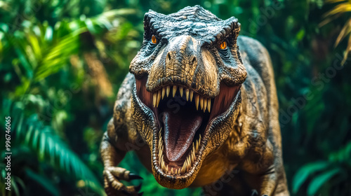 Tyrannosaurus rex roaring in a jungle