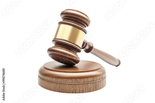 A wooden gavel with a gold band, resting on a base, against a black background. photo