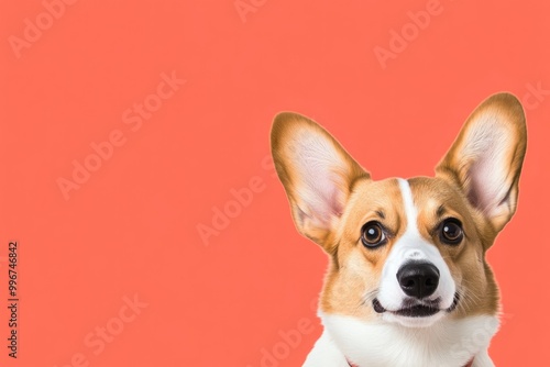 Playful Corgi with Mischievous Look Against Coral Background - Perfect for Pet-Themed Designs