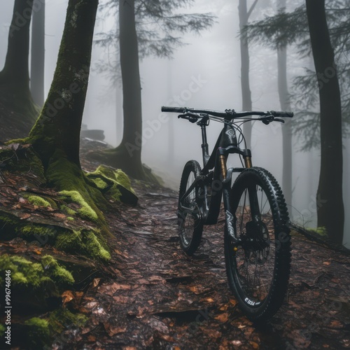 a mountain bike is parked in the woods photo