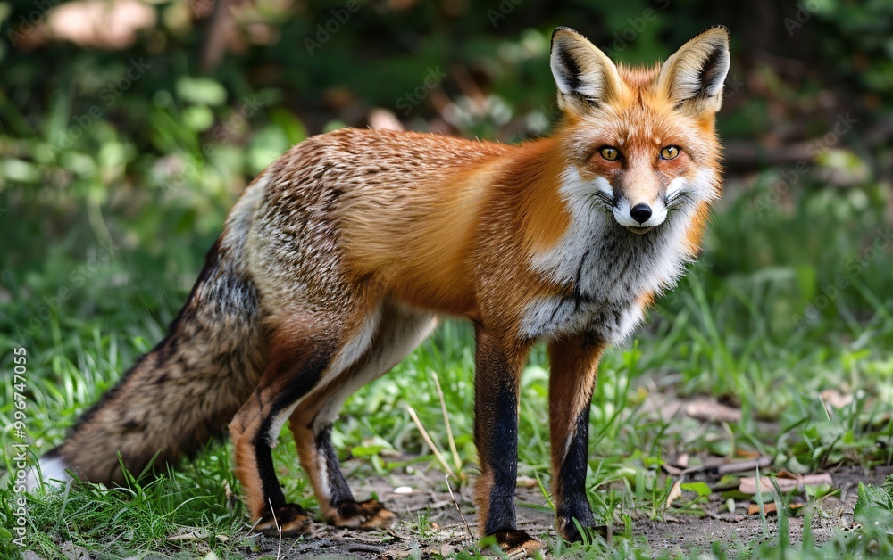 A fox is standing in the grass and looking at the camera A fox is standing in the grass and looking at the camera