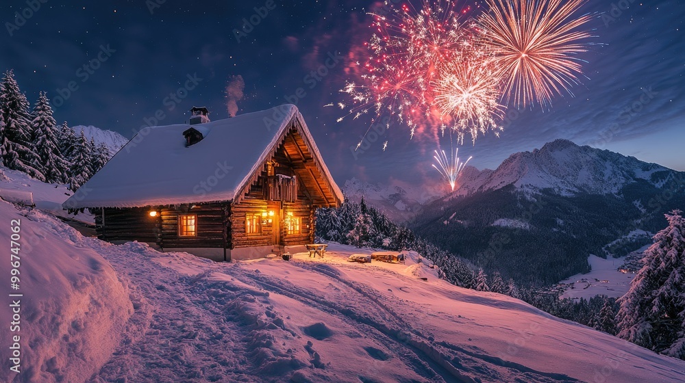 Fantastic new year's eve fireworks exploding over a cozy wooden cabin in the mountains Fantastic new year's eve fireworks exploding over a cozy wooden cabin in the mountains