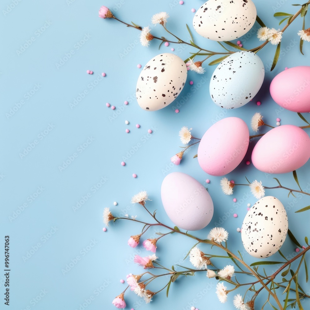 Fototapeta premium A colorful nest of Easter eggs surrounded by spring flowers
