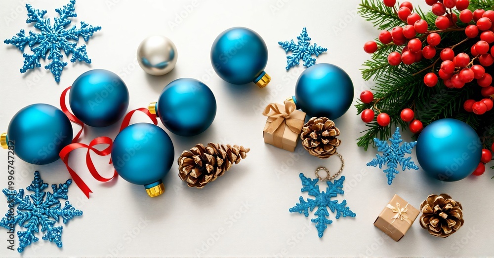 Elegant and Minimalist Design with Blue and Silver Christmas Ornaments in a Festive Winter Arrangement Elegant and Minimalist Design with Blue and Silver Christmas Ornaments in a Festive Winter Arrangement