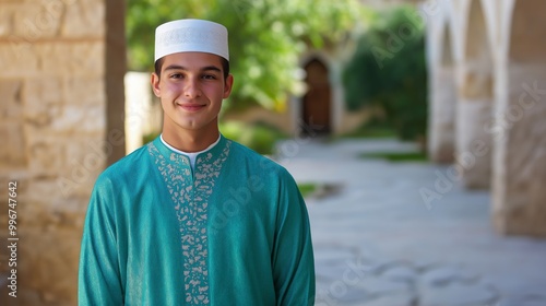 Young Male Bektashi Cleric in Traditional Religious Attire Standing in Historical Courtyard, Ideal for Cultural and Religious Representation photo