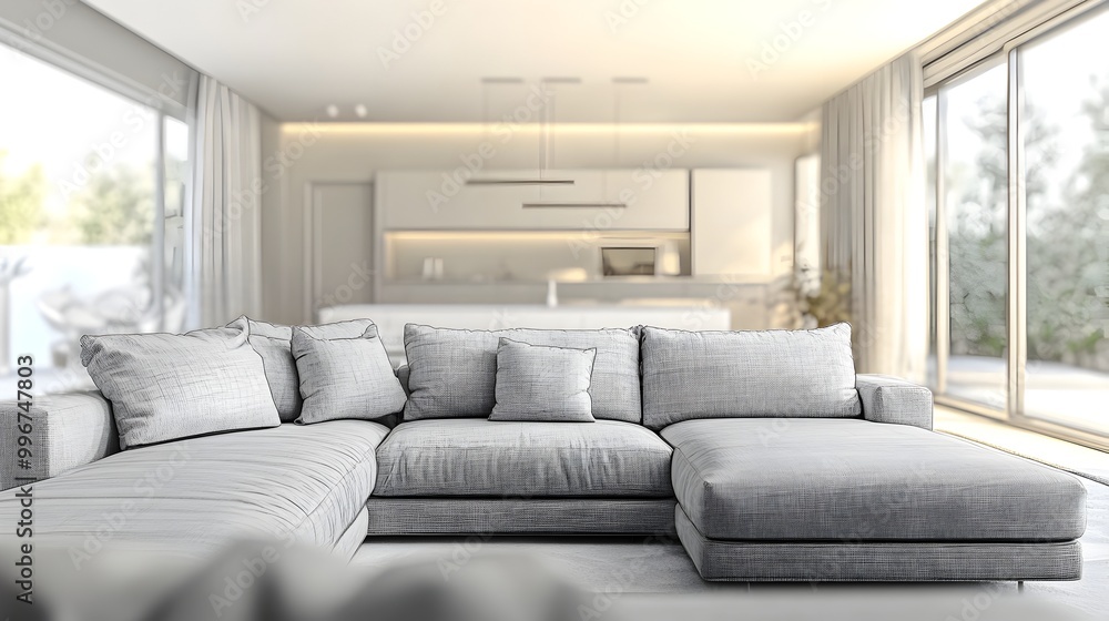 Fototapeta premium Cozy and inviting modern living room with a large comfortable sectional sofa and minimalist stylish decor The bright color accents and clean uncluttered design evoke a sense of tranquility