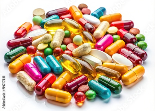 A colorful assortment of capsules, pills, and tablets representing essential minerals and vitamins, arranged on a white background with a hint of natural light.