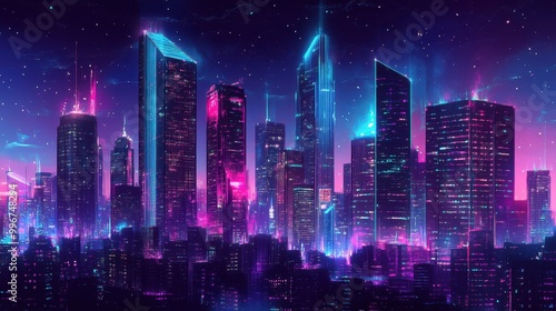 Cyberpunk city skyline with glowing neon lights and towering skyscrapers