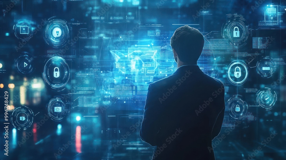 A business professional analyzes digital data and security metrics in a futuristic environment. A business professional analyzes digital data and security metrics in a futuristic environment.