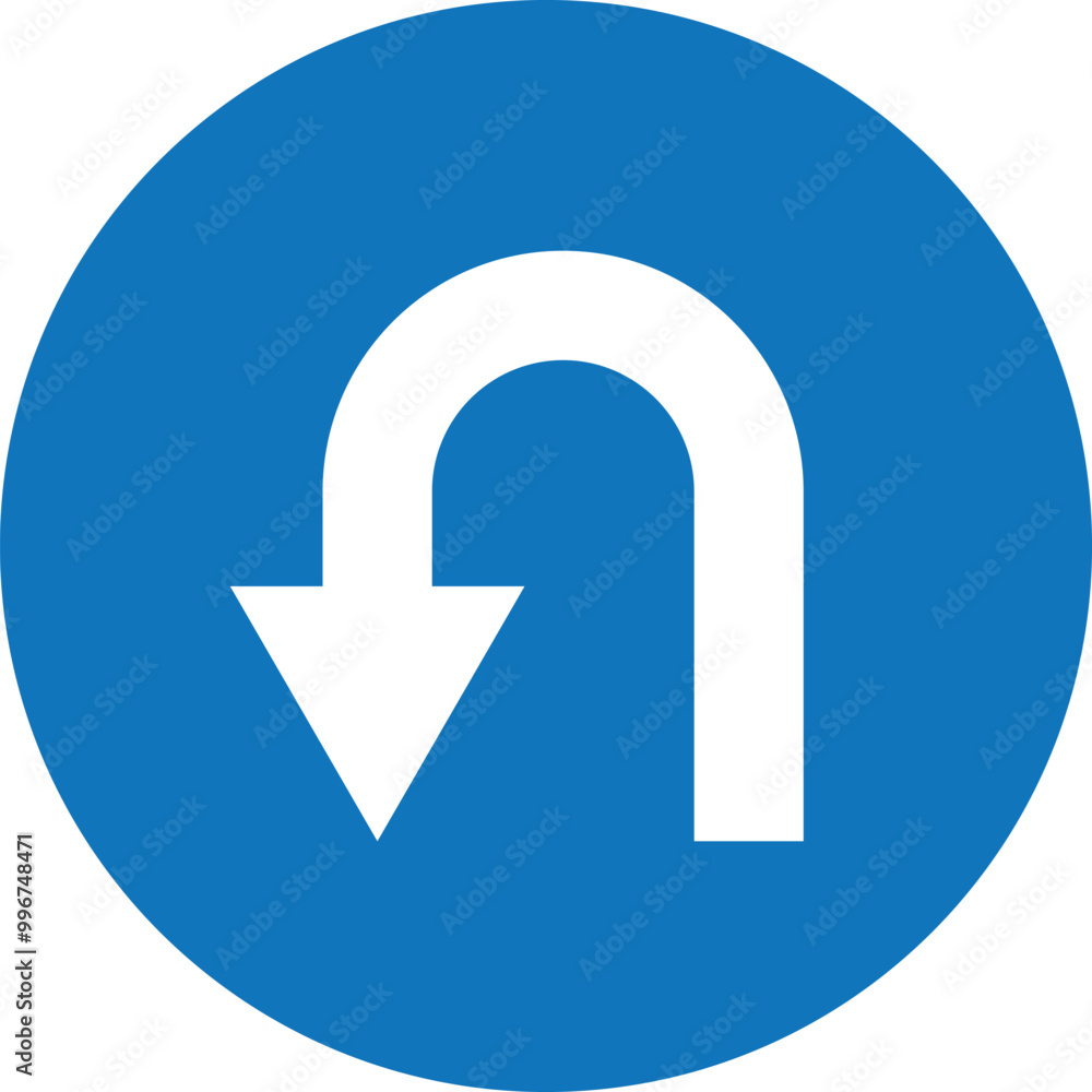 Blue and white left U turn icon . U turn arrow in blue circle road sign . Vector illustration Blue and white left U turn icon . U turn arrow in blue circle road sign . Vector illustration