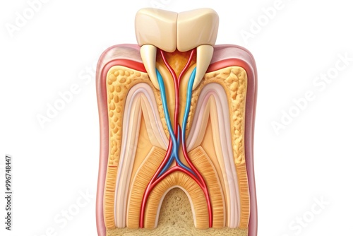 A detailed illustration of a human tooth, showcasing the anatomy of a molar with roots, enamel, and dentin, isolated on a white background. photo