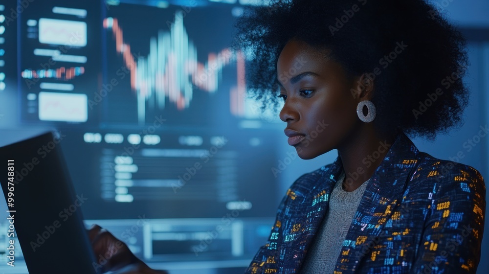 A focused individual working on a laptop in a tech-driven environment with data visuals. A focused individual working on a laptop in a tech-driven environment with data visuals.