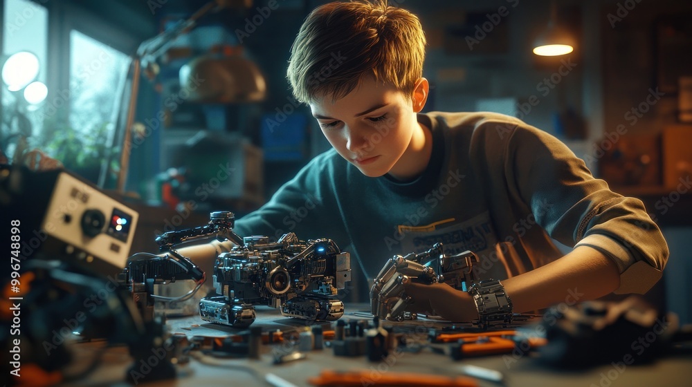 A focused young person assembling robotic models in a creative workspace. A focused young person assembling robotic models in a creative workspace.