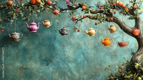 Teapot Tree with Hanging Cups: A fantastical banner background of Mad Hatter Day , showcasing a whimsical tree where teapots and tea cups hang from the branches like fruit, 
